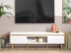 Movel De Tv Com 2 Gavetas Em Madeira Clara E Branco Custer