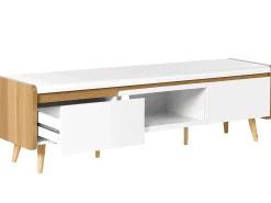 Movel De Tv Com 2 Gavetas Em Madeira Clara E Branco Custer