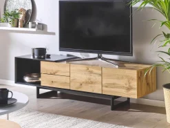 Movel De Tv Com 2 Gavetas E 2 Portas Em Madeira Clara E Preto Fiora
