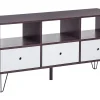 Movel De Tv Com 3 Gavetas E 3 Prateleiras Em Madeira Escura E Branco Foston