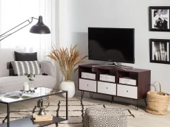 Movel De Tv Com 3 Gavetas E 3 Prateleiras Em Madeira Escura E Branco Foston