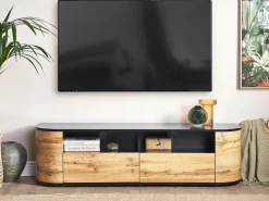 Movel De Tv Com 2 Gavetas E 2 Portas Em Madeira Clara E Preto Jerome