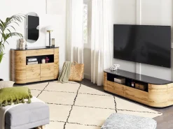 Movel De Tv Com 2 Gavetas E 2 Portas Em Madeira Clara E Preto Jerome