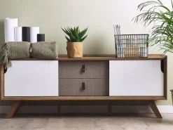 Movel De Tv Com 2 Gavetas E 2 Portas Em Madeira Clara E Branca Acton