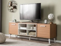 Movel De Tv Com 2 Portas E 4 Prateleiras Em Madeira Clara E Branca Alloa