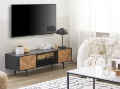 Movel De Tv Com 2 Portas E 2 Prateleiras Em Preto E Cor De Madeira Clara Salina