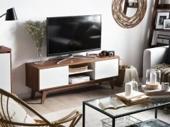 Movel De Tv Com 2 Portas E 2 Prateleiras Em Branco E Cor De Madeira Clara Rochester
