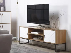 Movel De Tv Com 2 Portas E 2 Prateleiras Em Madeira Clara E Branco Nueva