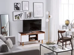 Movel De Tv Com 2 Portas E 2 Prateleiras Branco E Cor De Madeira Escura Madera