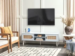 Movel De Tv Com 2 Portas E 2 Prateleiras Em Creme E Branco Parton