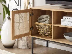 Movel De Tv Com 2 Portas E 2 Prateleiras Em Rattan Cor De Madeira Clara Pasco