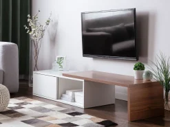 Movel De Tv Com 1 Portas Em Branco E Cor De Madeira Escura Yonkers