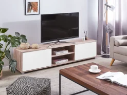 Movel De Tv Com 2 Portas E 2 Prateleiras Em Madeira Clara E Branco Lincoln