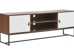 Movel De Tv Com 2 Portas E 2 Prateleiras Em Madeira Escura E Branco Nueva