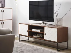 Movel De Tv Com 2 Portas E 2 Prateleiras Em Madeira Escura E Branco Nueva
