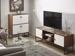 Movel De Tv Com 2 Portas E 2 Prateleiras Em Madeira Escura E Branco Nueva
