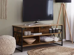 Movel De Tv Com 4 Prateleiras Em Madeira Escura E Preto Carlisle