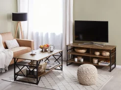 Movel De Tv Com 4 Prateleiras Em Madeira Escura E Preto Carlisle