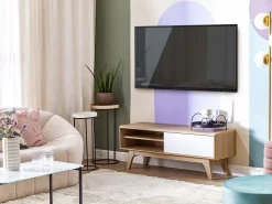 Movel De Tv Com 4 Prateleiras Em Cor De Madeira Clara E Branca Buffalo