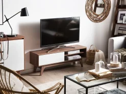 Movel De Tv Com 4 Prateleiras Em Cor De Madeira Escura E Branca Buffalo