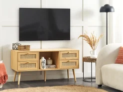 Movel De Tv De Rattan Com 4 Gavetas E 1 Prateleira Em Cor De Madeira Clara Perote