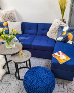 Pufe Redondo Em Tricot Azul 50 X 35 Cm Conrad