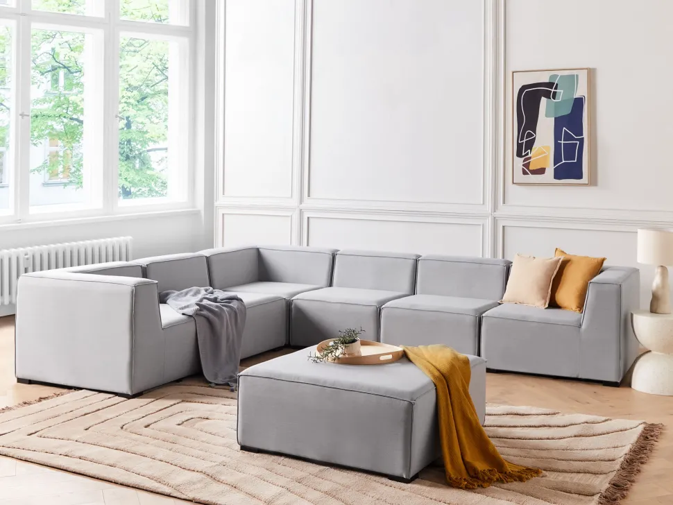 Sofa De Canto Modular 7 Lugares A Direita E Repousa-Pes Em Tecido Cinzento Claro Arezzo