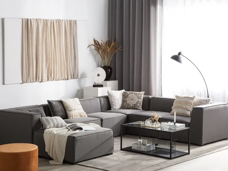 Sofa De Canto Modular 7 Lugares A Direita Com Repousa Pes Em Tecido Cinzento Arezzo