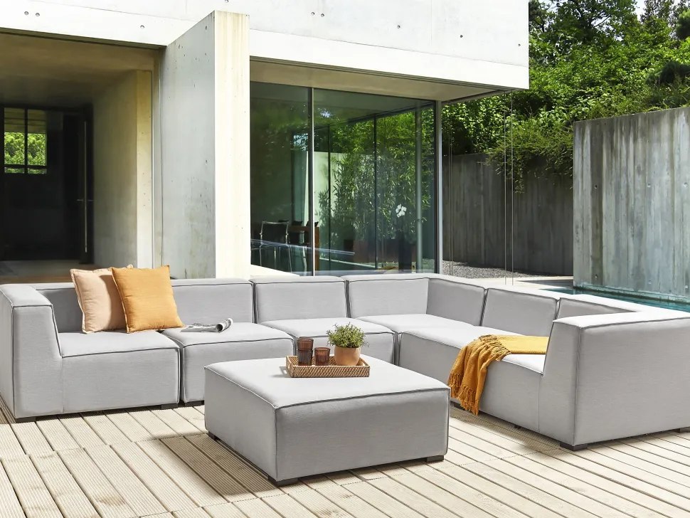 Sofa De Canto Modular 7 Lugares A Esquerda E Repousa-Pes Em Tecido Cinzento Claro Arezzo