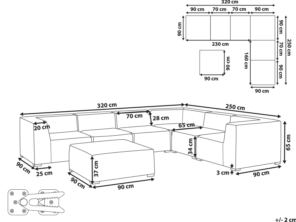 Sofa De Canto Modular 7 Lugares A Esquerda E Repousa-Pes Em Tecido Cinzento Claro Arezzo