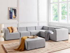 Sofa De Canto Modular 7 Lugares A Esquerda E Repousa-Pes Em Tecido Cinzento Claro Arezzo