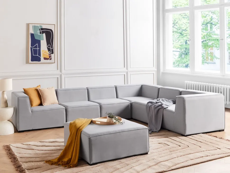 Sofa De Canto Modular 7 Lugares A Esquerda E Repousa-Pes Em Tecido Cinzento Claro Arezzo