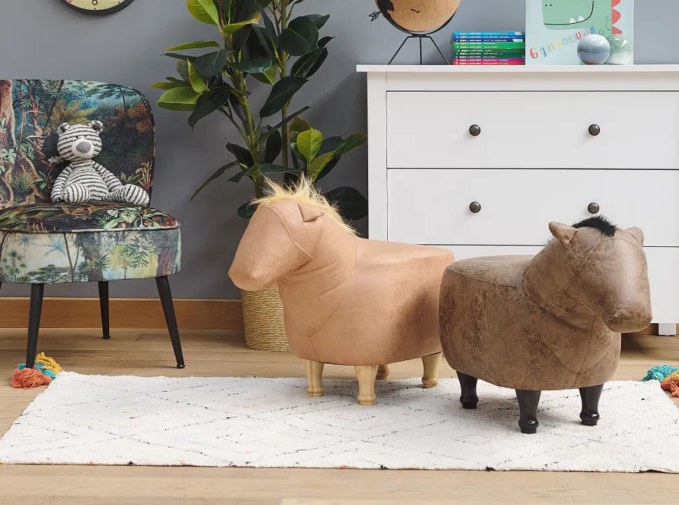 Tamborete Animal Em Pele Sintetica Cor De Areia Horse