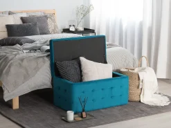 Tamborete Com Arrumação Em Veludo Azul Turquesa 72 X 42 Cm Michigan