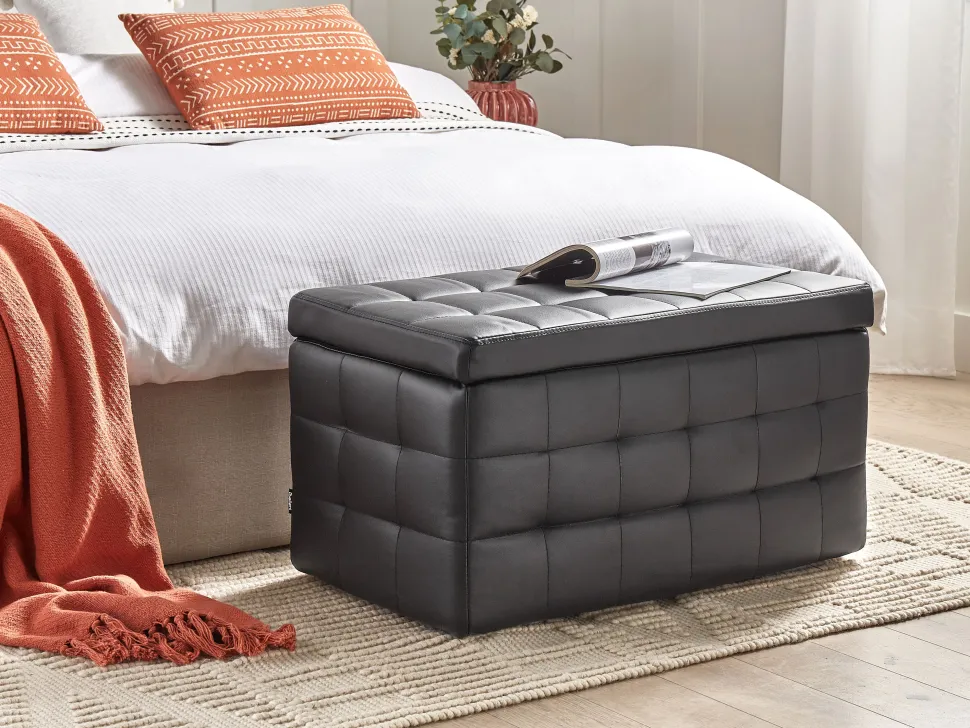 Tamborete Com Arrumação Em Pele Sintetica Preta 72 X 42 Cm Michigan