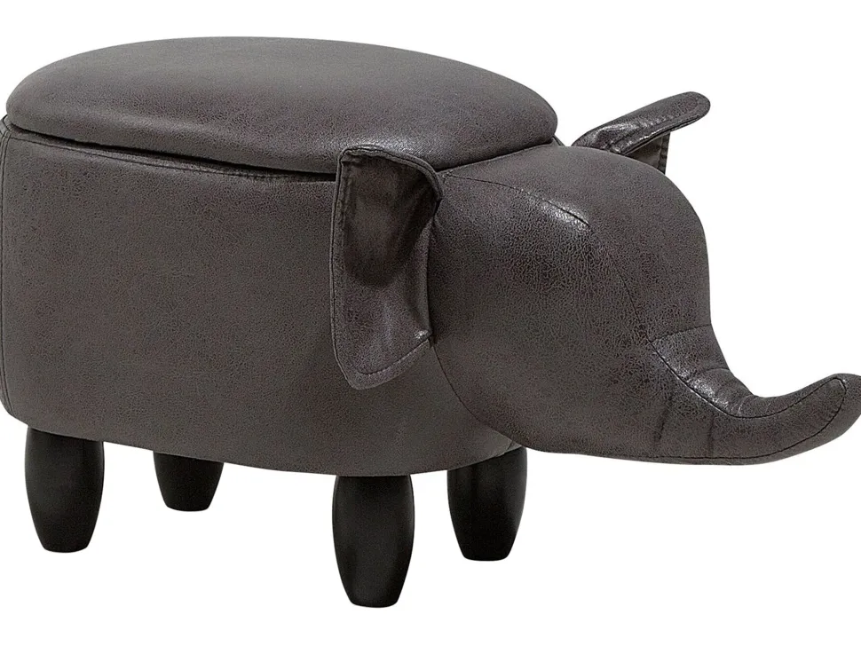 Tamborete Em Pele Sintetica Cinzenta Escura Com Arrumação Elephant