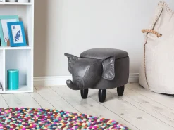 Tamborete Em Pele Sintetica Cinzenta Escura Com Arrumação Elephant