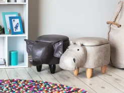 Tamborete Em Pele Sintetica Cinzenta Escura Com Arrumação Elephant