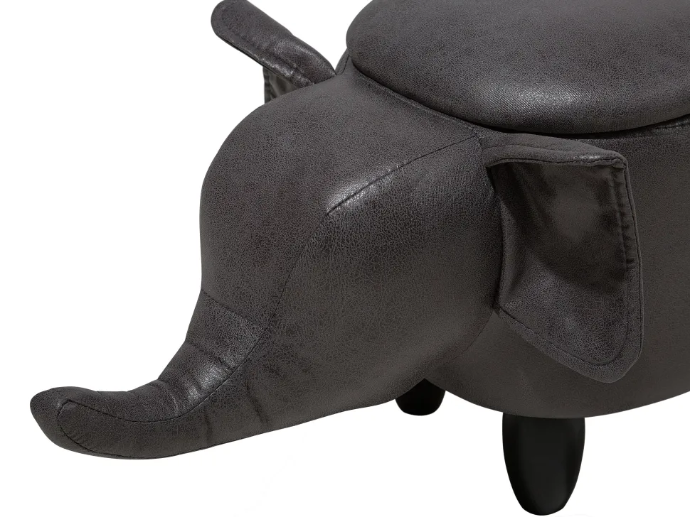 Tamborete Em Pele Sintetica Cinzenta Escura Com Arrumação Elephant