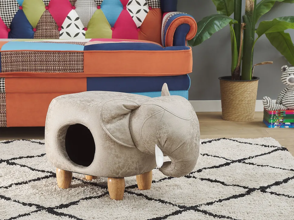 Tamborete Em Pele Sintetica Cinzenta Clara Com Arrumação Jumbo