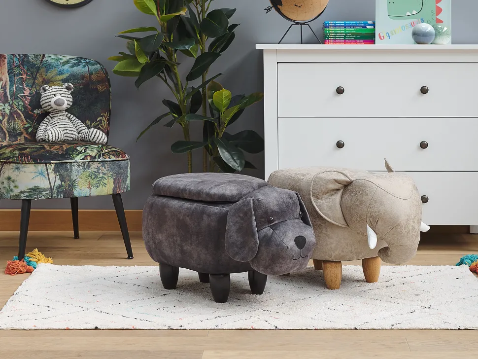 Tamborete Em Pele Sintetica Cinzenta Clara Com Arrumação Jumbo