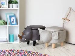 Tamborete Em Pele Sintetica Cinzenta Clara Com Arrumação Elephant