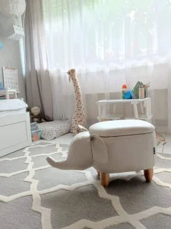 Tamborete Em Pele Sintetica Cinzenta Clara Com Arrumação Elephant