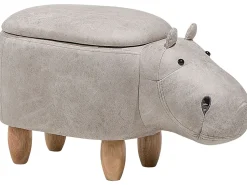 Tamborete Em Pele Sintetica Cinzenta Clara Com Arrumação Hippo