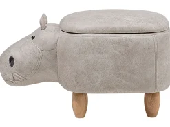 Tamborete Em Pele Sintetica Cinzenta Clara Com Arrumação Hippo