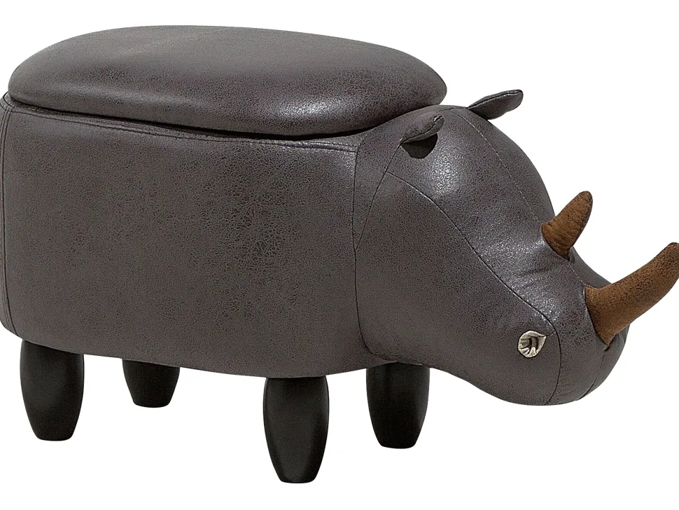 Tamborete Em Pele Sintetica Cinzenta Escura Com Arrumação Rhino