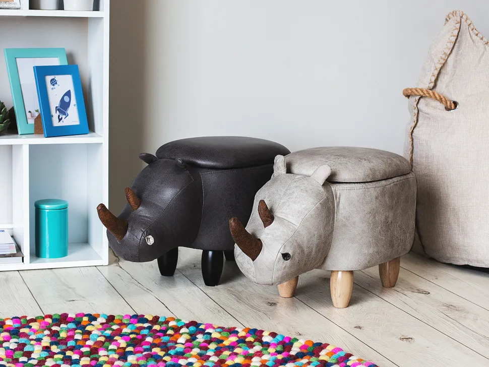 Tamborete Em Pele Sintetica Cinzenta Escura Com Arrumação Rhino