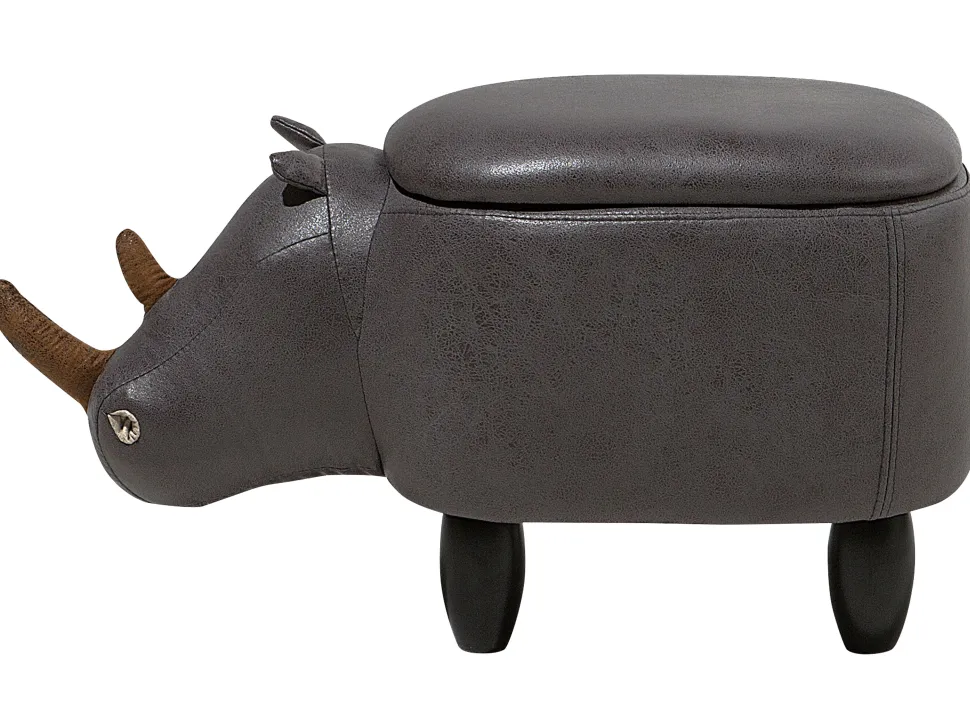 Tamborete Em Pele Sintetica Cinzenta Escura Com Arrumação Rhino