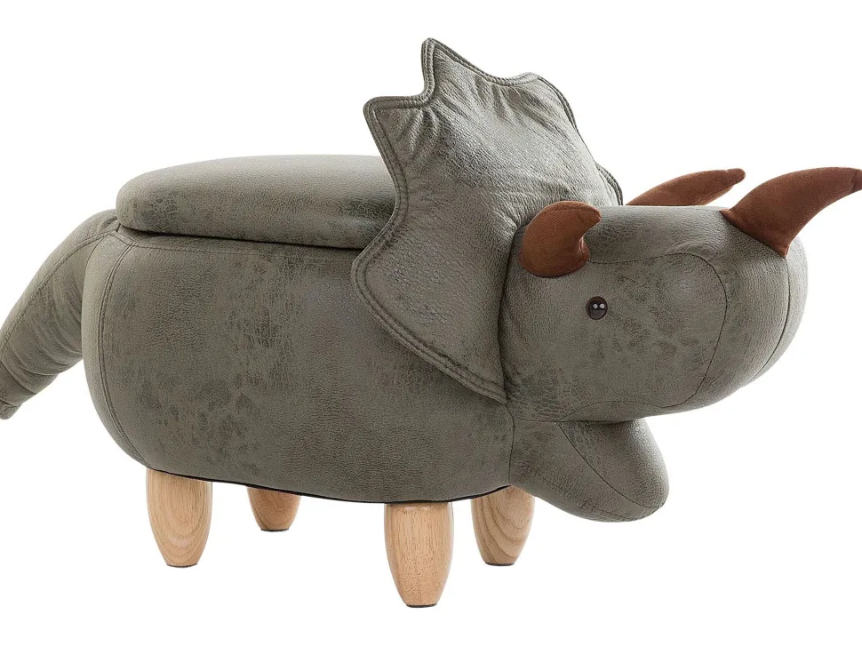 Tamborete Em Pele Sintetica Verde Escuro Com Arrumação Triceratops