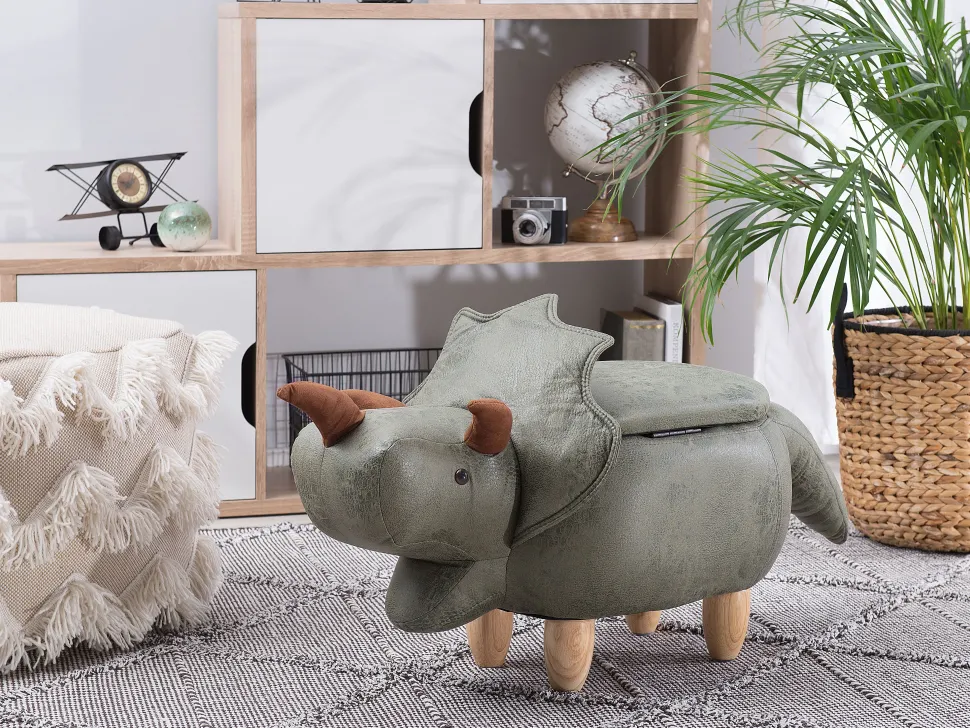 Tamborete Em Pele Sintetica Verde Escuro Com Arrumação Triceratops